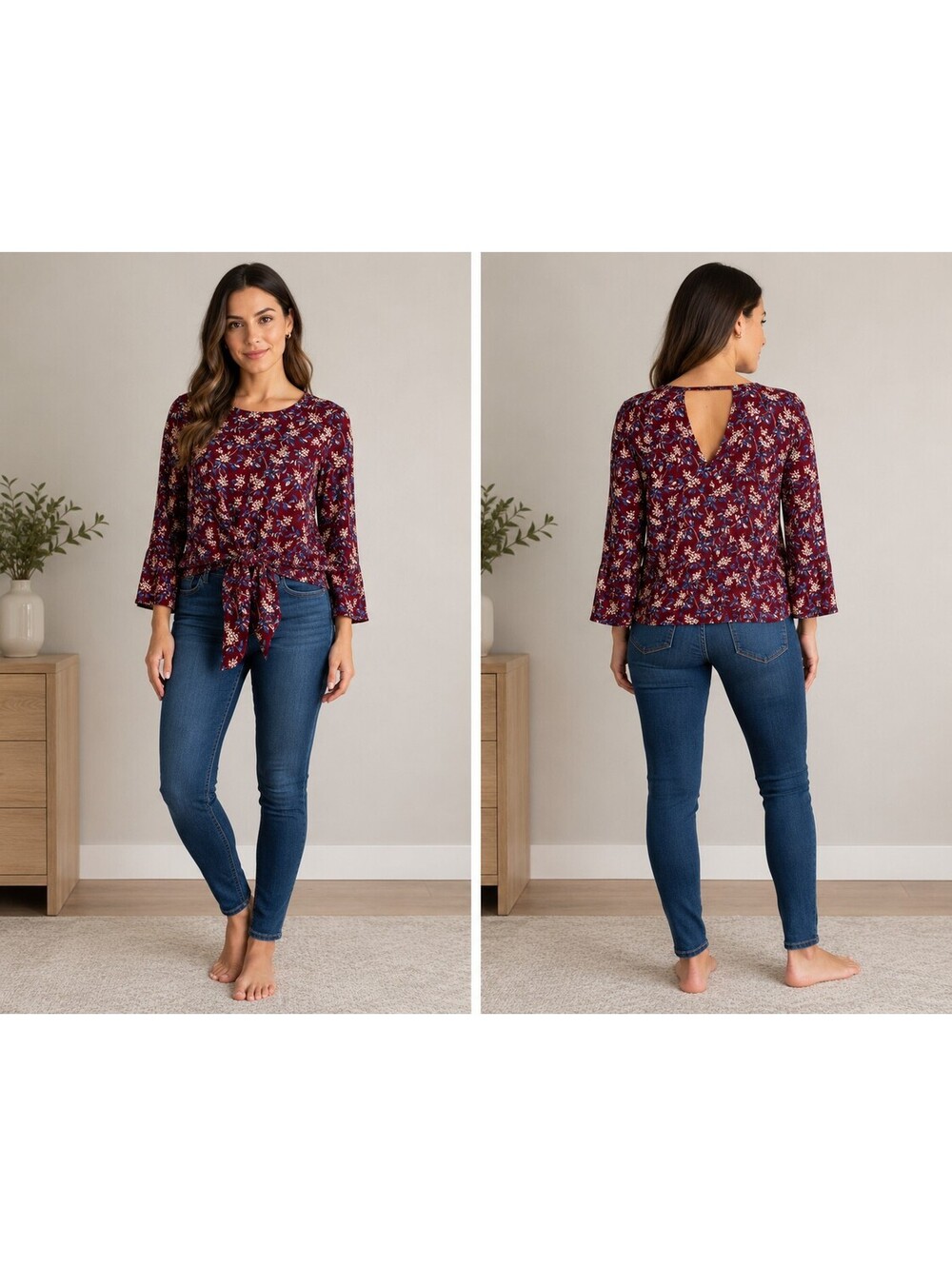 Madewell Bell-Sleeve Tie Front Blouse Womens XS Maroon Floral Bloomcore Fairy